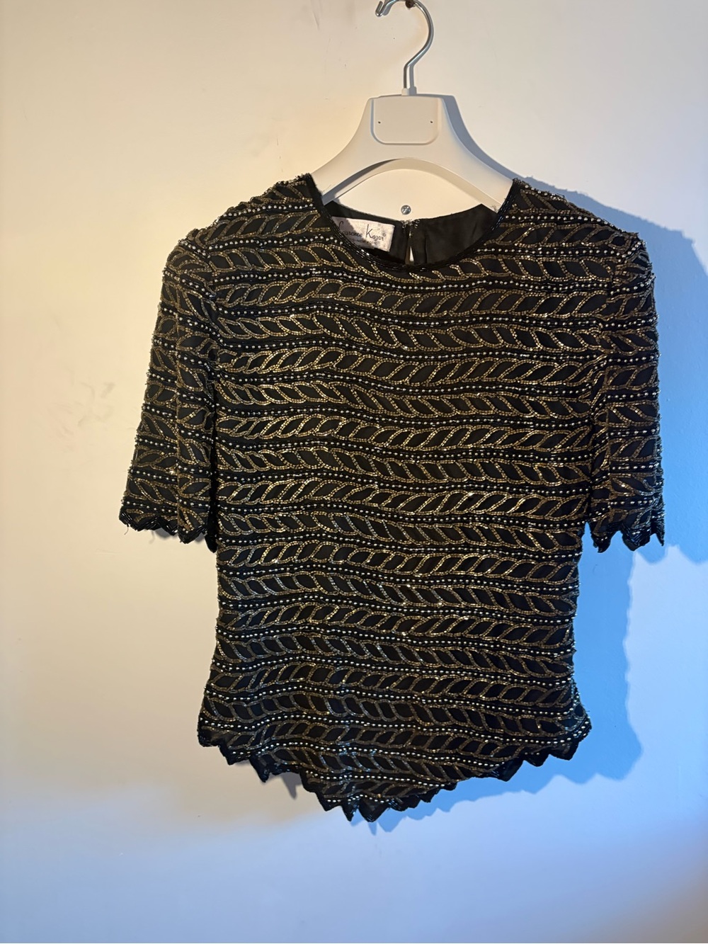 Lawrence Kazar Beaded Short Sleeve Top in Black & Gold